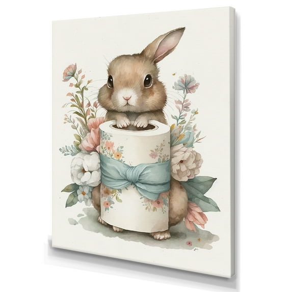Designart Bunny With Roll Of Toilet Paper And Flowers I Canvas Wall Art