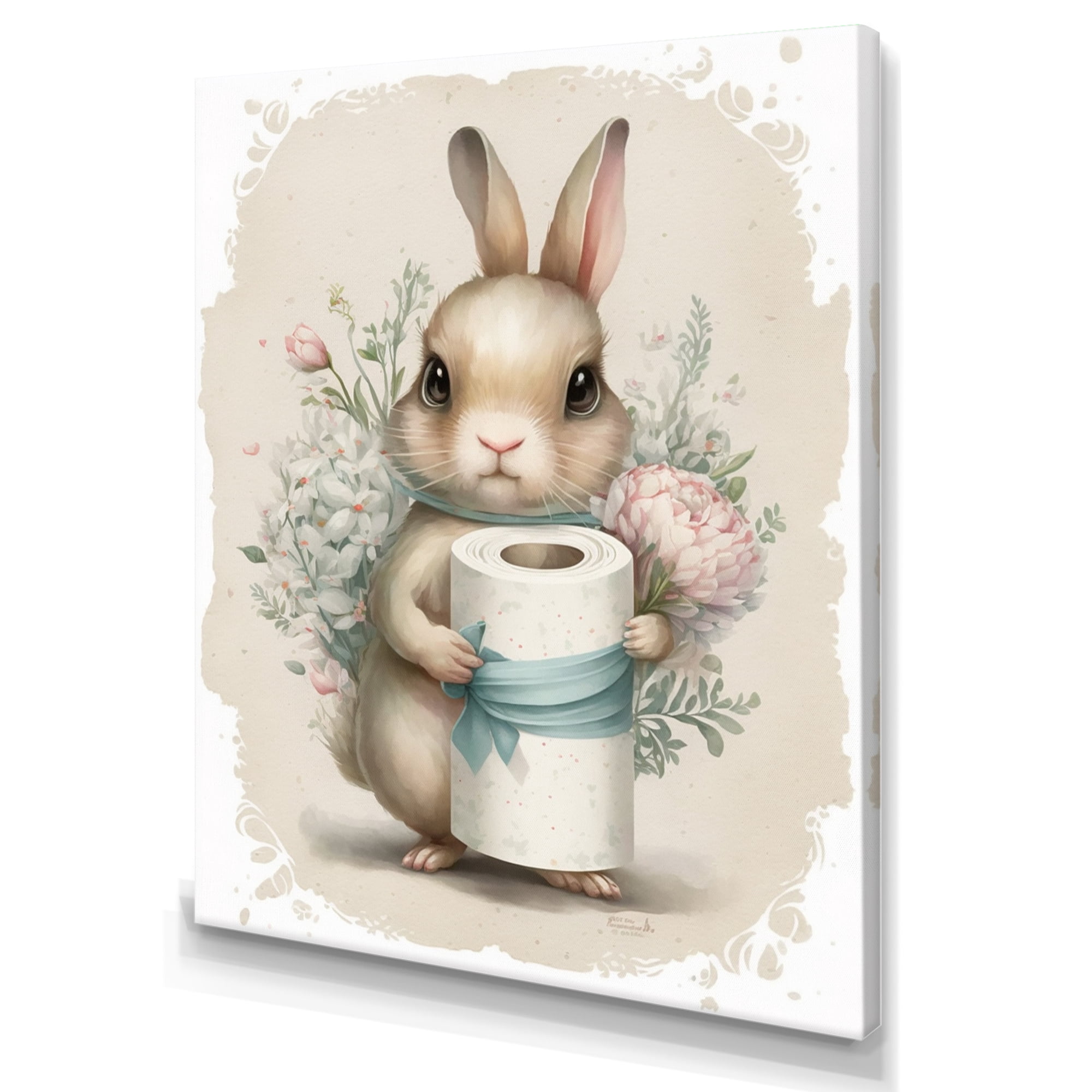 Designart Bunny With Roll Of Toilet Paper And Flowers III Canvas Wall Art