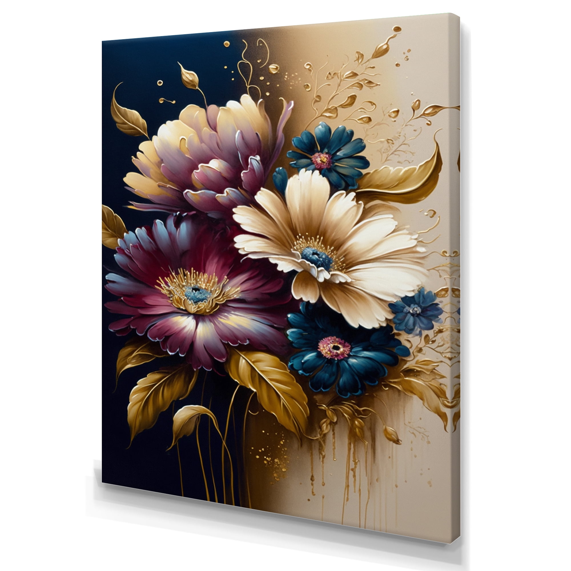 Designart Burgundy And Blue Daisy Bunch II Canvas Wall Art