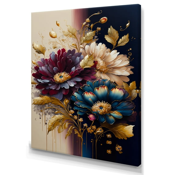 Designart Burgundy And Blue Daisy Bunch III Canvas Wall Art