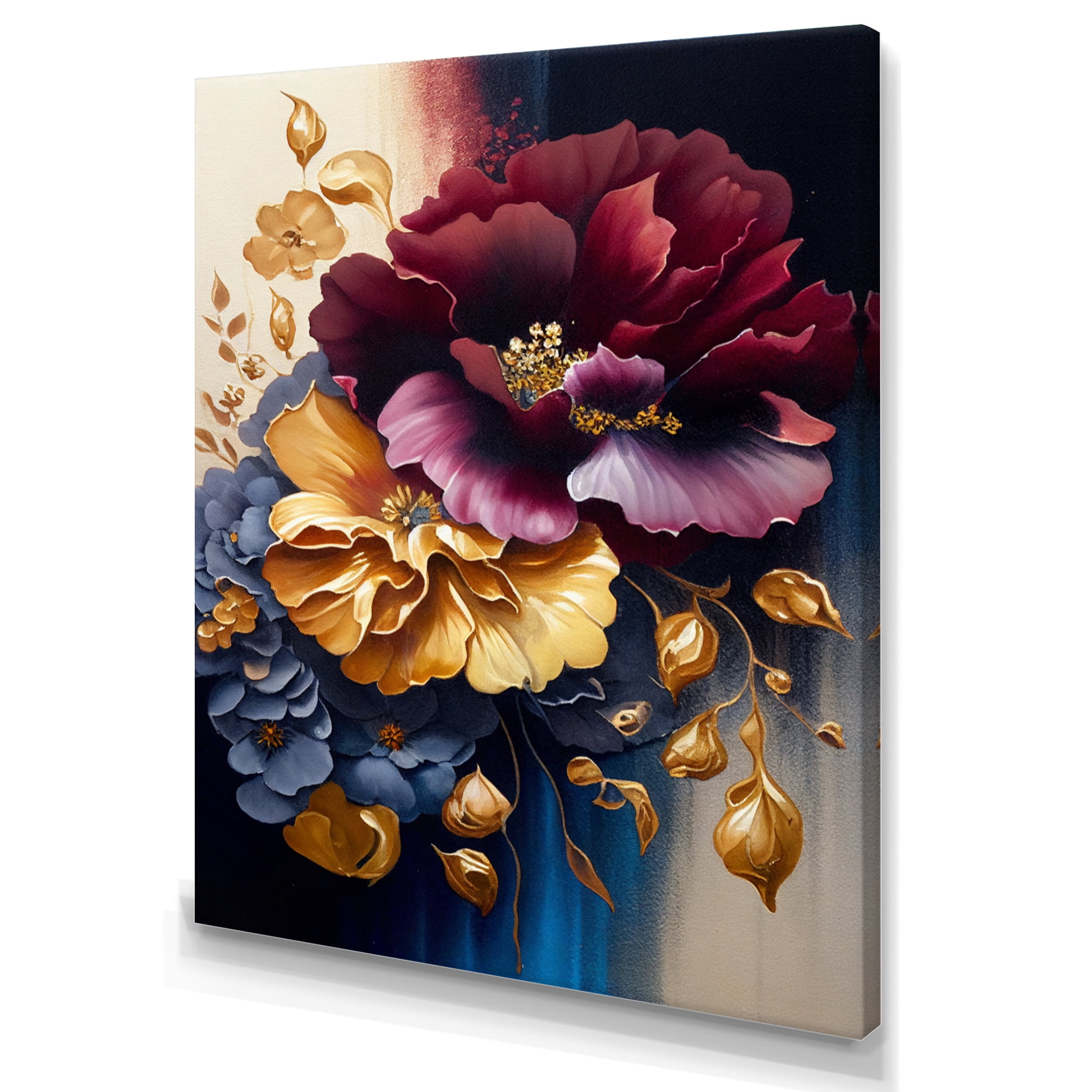 Designart Burgundy And Blue Floral Bunch II Canvas Wall Art