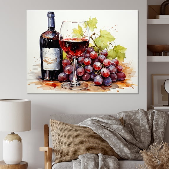 Designart "Burgundy Cabernet Sweep A Wine Affair I" Food & Beverage Wall Art - Traditional Green Wine Entryway Wall Art Print
