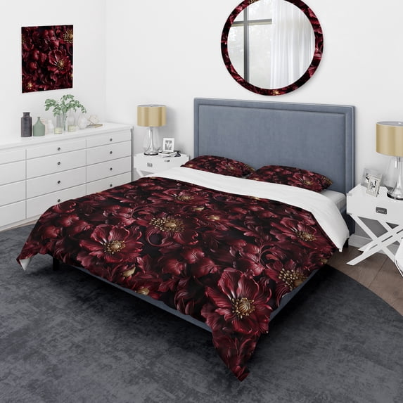 Designart "Burgundy Floral Elegance In Majesty II" Red Glam Bedding Covert Set - Glam Bed Set With 2 Shams