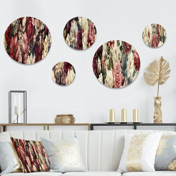 Designart "Burgundy Peony Victorian Elegance" Floral Round Wall Art Set Of 5 - Pink Cottage Wall Living Room Decor Set