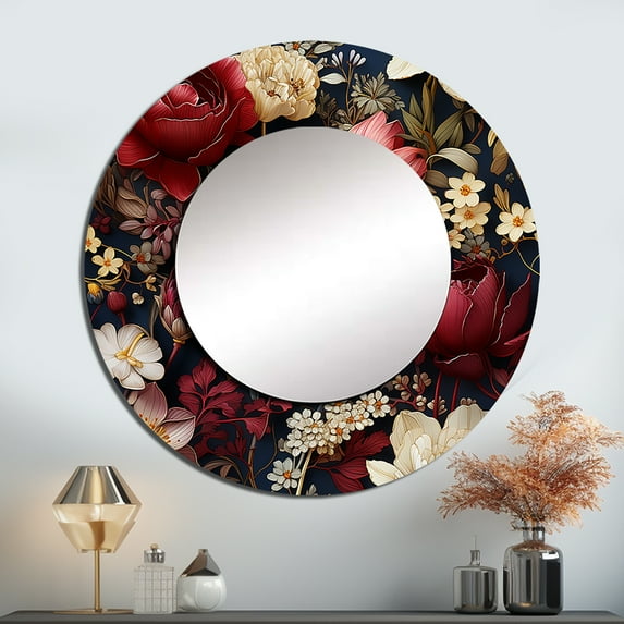 Designart "Burgundy Peony Victorian Elegance III" Floral Rund Mirror For Wall Decor - Large Pink Round Print Mirror - Round Cottage Mirror - Wall Mounted Round Large Mirror - 29" x 29"