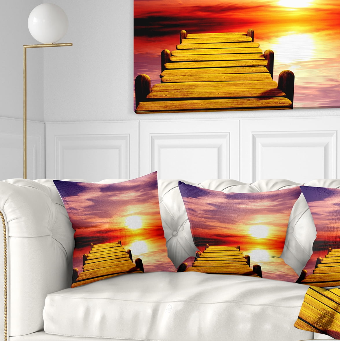 Designart Burning Sunset in Blue Sky - Seascape Throw Pillow - 18x18