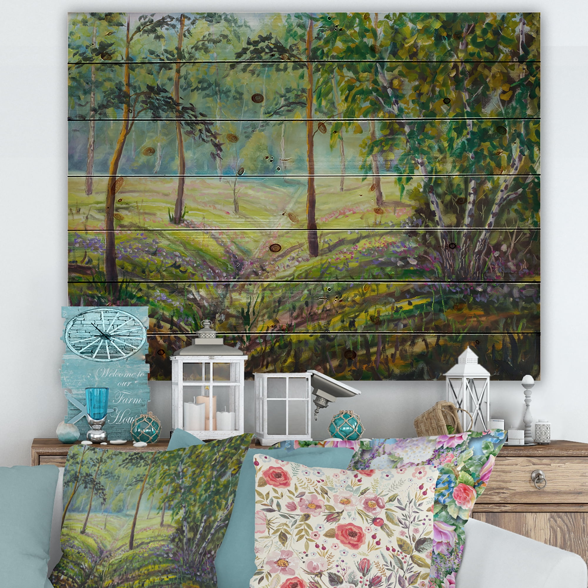 Designart 'Bushes and Pine Trees In The Forest I' Lake House Print on Natural Pine Wood