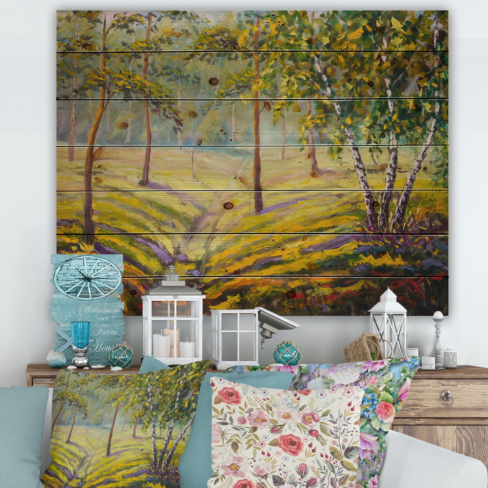 Designart 'Bushes and Pine Trees In The Forest II' Traditional Print on Natural Pine Wood