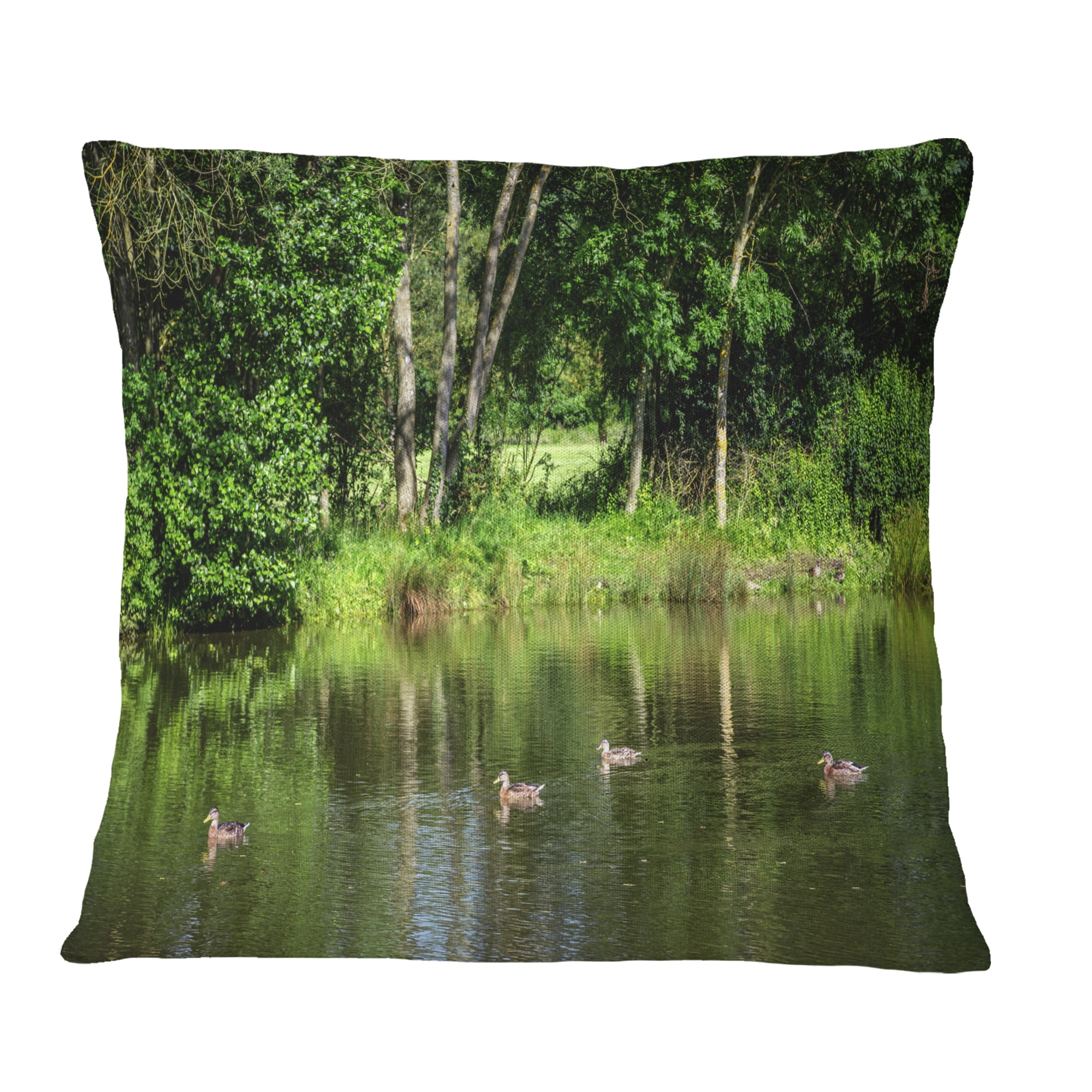 Designart Bushes and Trees in River Bank - Landscape Printed Throw Pillow - 16x16