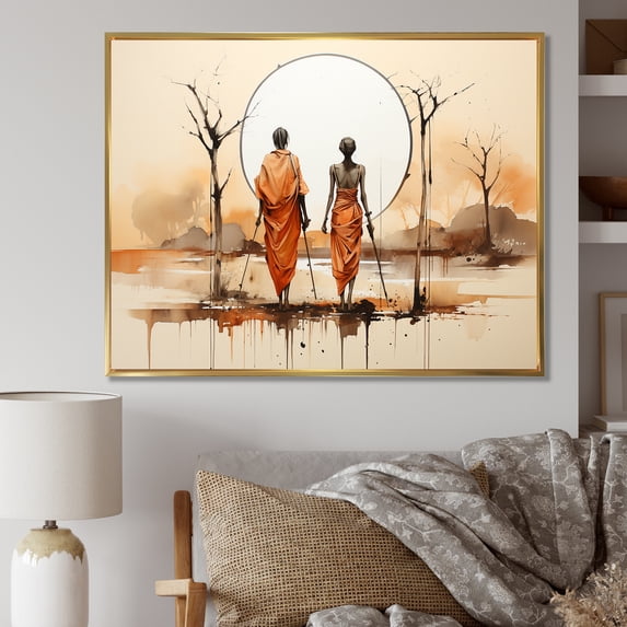 Designart "Bushmen of Kalahari African Indigenous People II" People Framed Wall Art - Global Orange African Tribal Hallway Framed Wall Art Decor