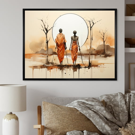 Designart "Bushmen of Kalahari African Indigenous People II" People Framed Wall Art - Global Orange African Tribal Hallway Framed Wall Art Decor