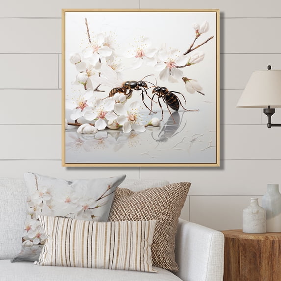 Designart "Busy Ants in Floral Work I" Animals Framed Wall Art - Black Insects & Bugs Entryway Framed Wall Art Print