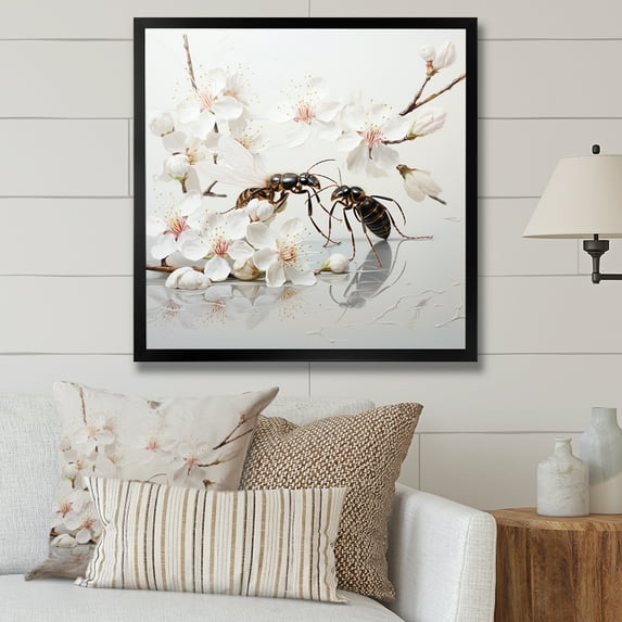 Designart "Busy Ants in Floral Work I" Animals Framed Wall Art Decor - Modern Black Insects & Bugs Entryway Framed Wall Art Print