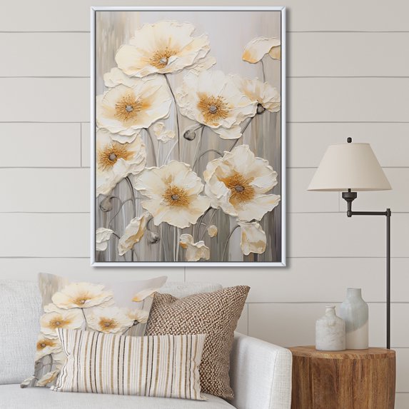 Designart "Buttercup Meadows On Grey Scale III" Buttercups Floater Framed Canvas Prints