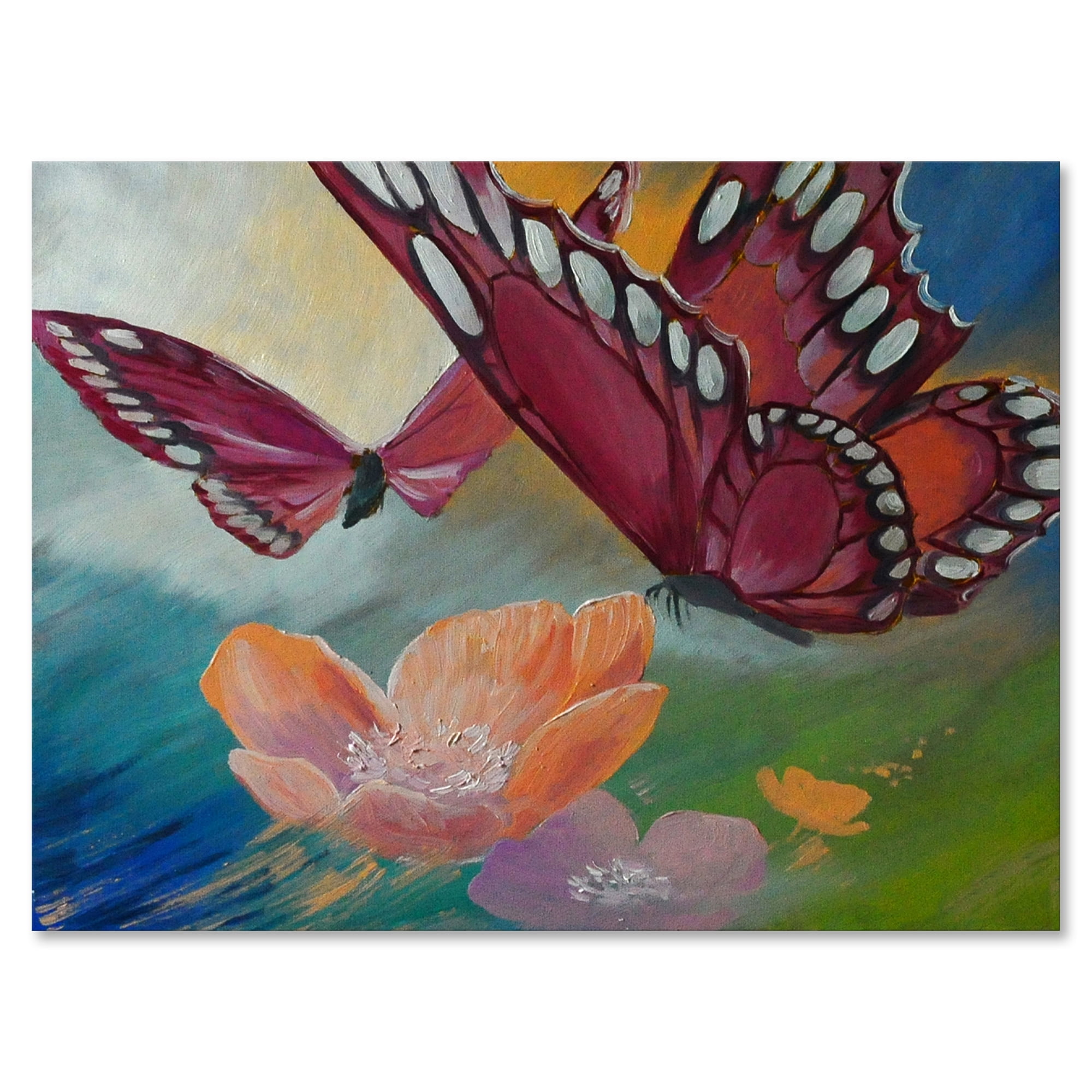 Designart ' Butterflies On Pink Flowers ' Traditional Canvas Wall Art Print