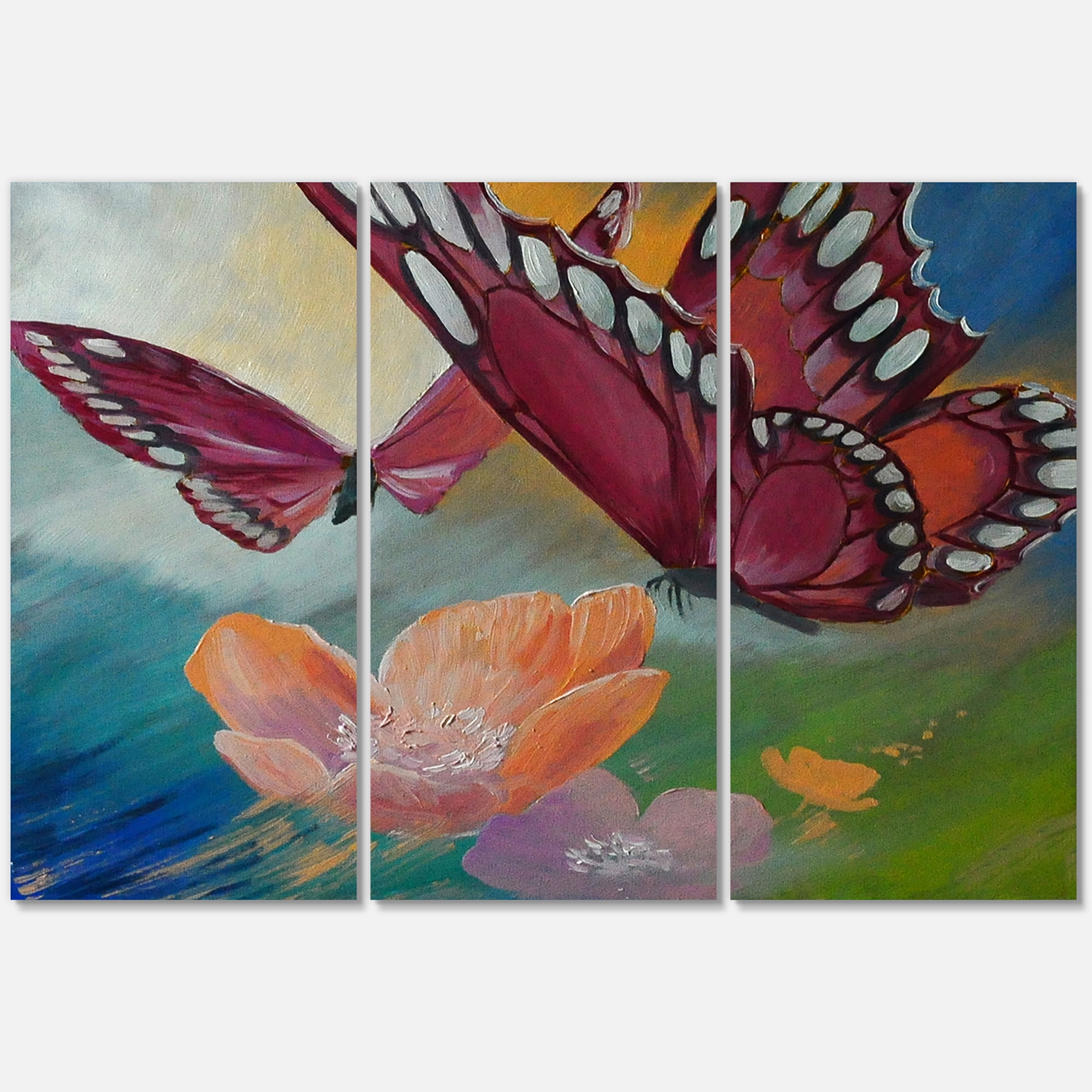 Designart ' Butterflies On Pink Flowers ' Traditional Canvas Wall Art Print