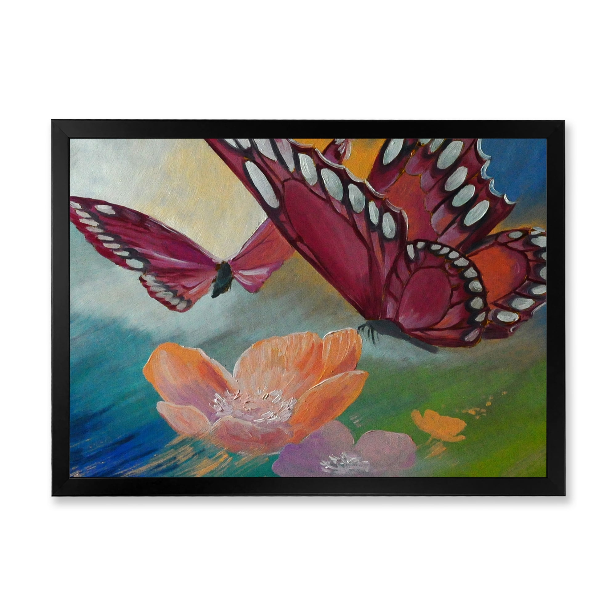 Designart 'Butterflies On Pink Flowers' Traditional Framed Art Print
