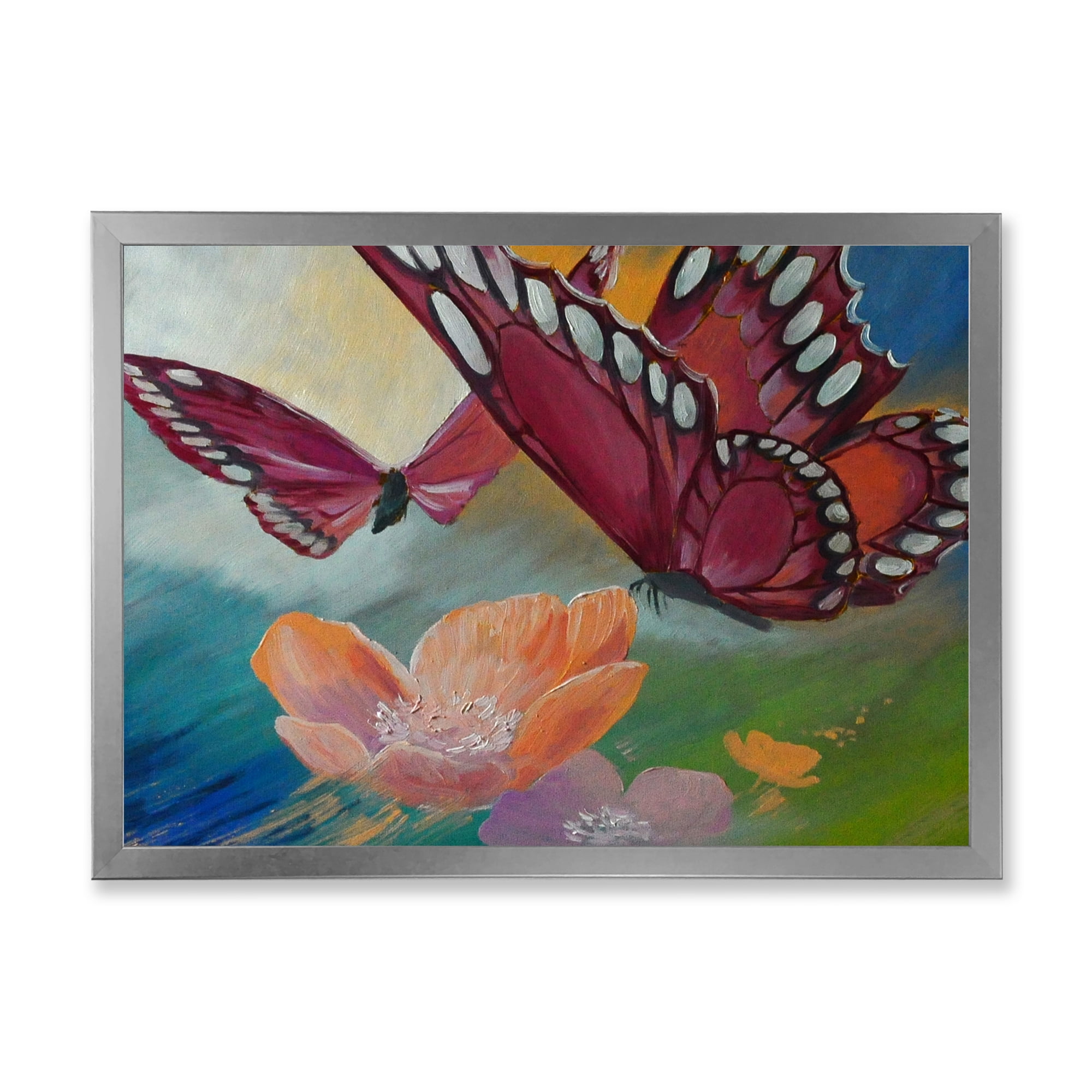 Designart 'Butterflies On Pink Flowers' Traditional Framed Art Print