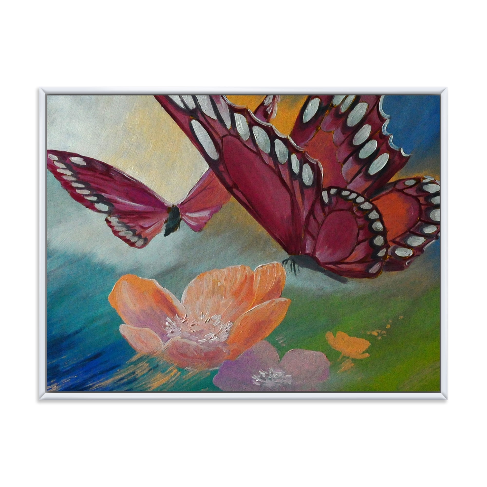 Designart 'Butterflies On Pink Flowers' Traditional Framed Canvas Wall Art Print