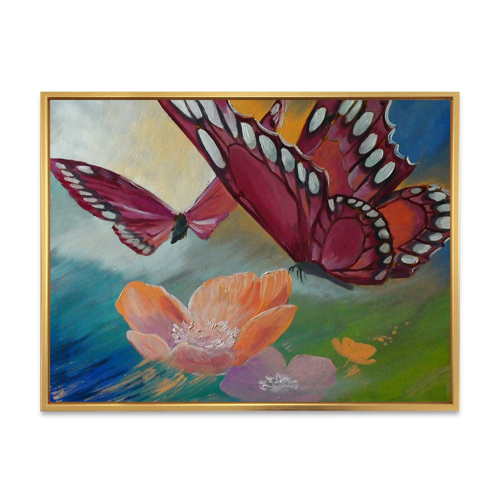 Designart 'Butterflies On Pink Flowers' Traditional Framed Canvas Wall Art Print