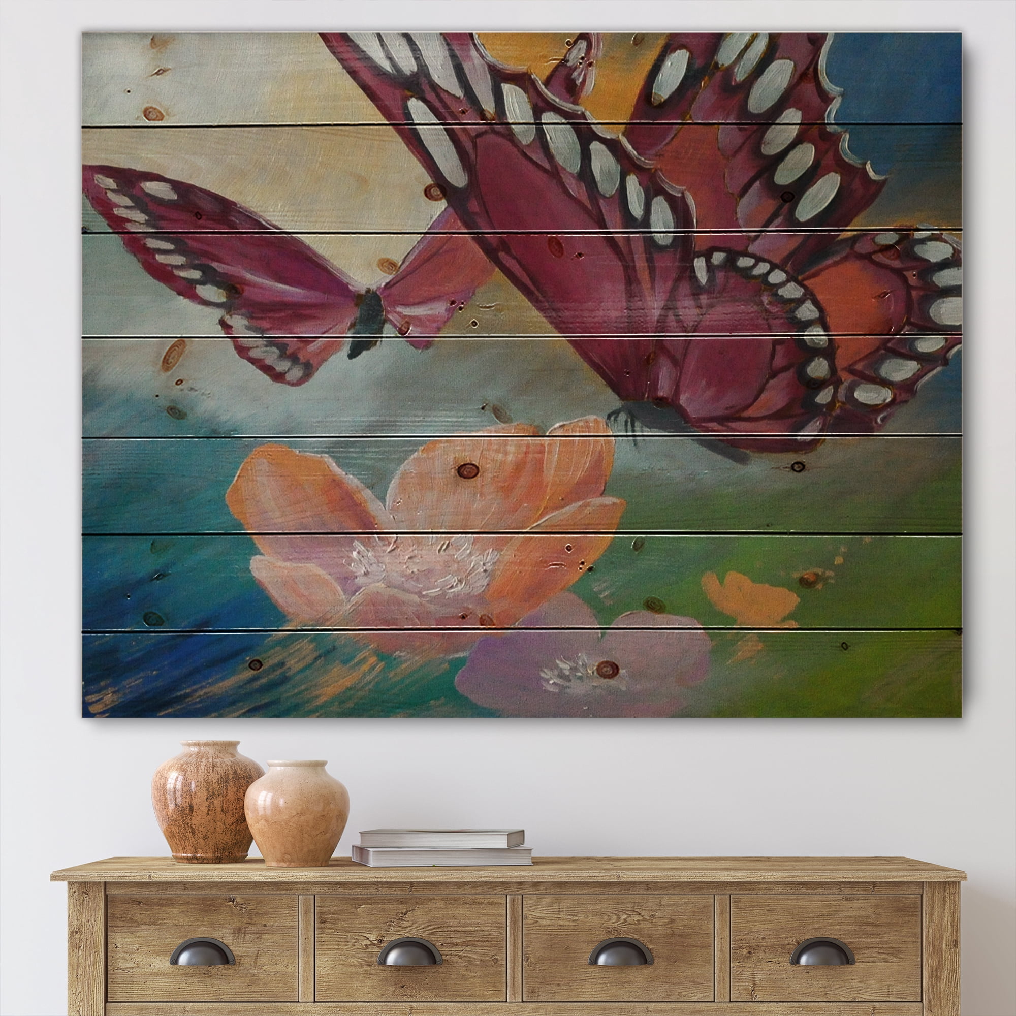 Designart 'Butterflies On Pink Flowers' Traditional Print on Natural Pine Wood