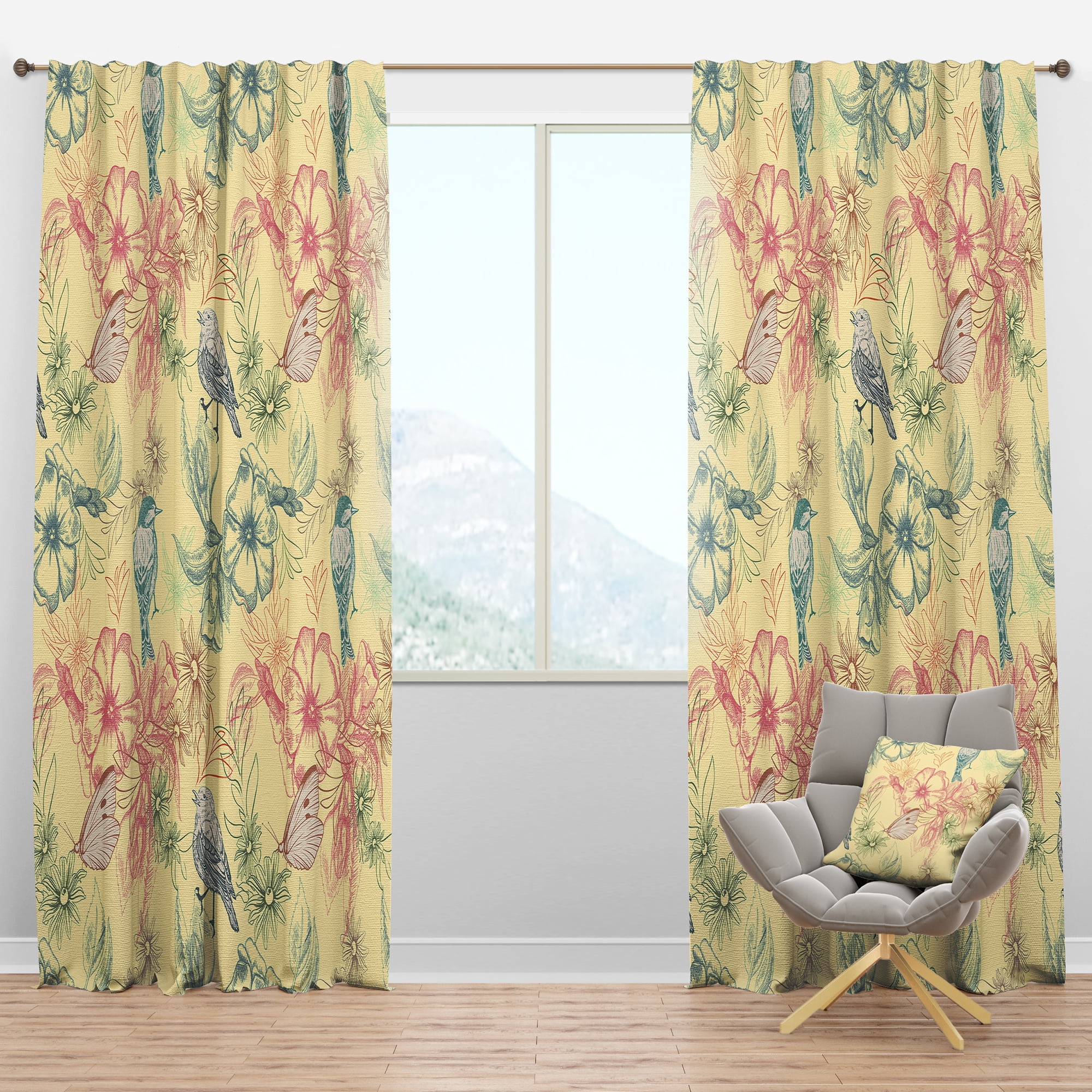 Designart 'Butterflies With Spring Pattern On Flowers' Modern & Contemporary Blackout Curtain Panel