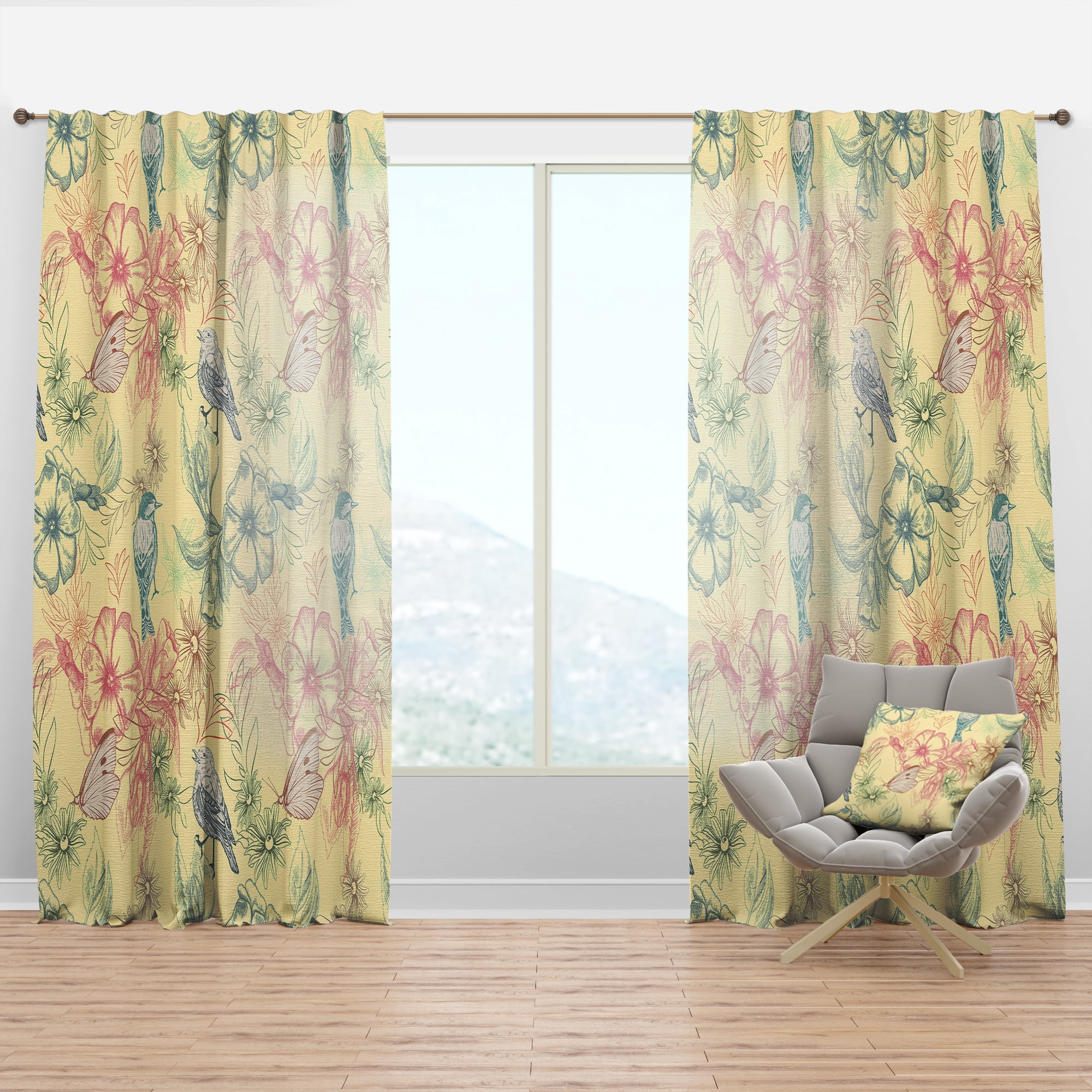 Designart 'Butterflies With Spring Pattern On Flowers' Modern & Contemporary Curtain Panel