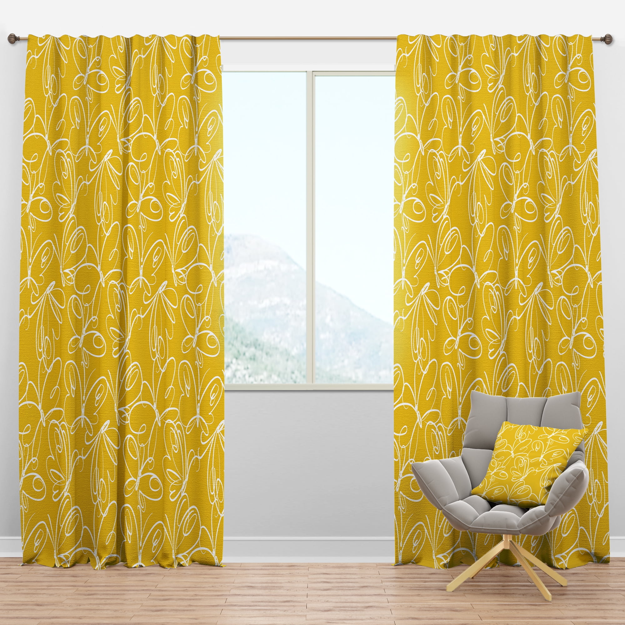 Designart 'Butterflies Yellow color Retro Pattern' Mid-Century Modern Blackout Curtain Panel