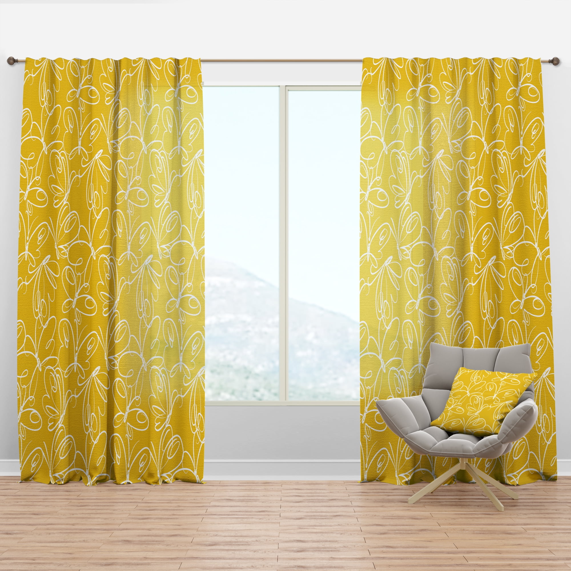 Designart 'Butterflies Yellow color Retro Pattern' Mid-Century Modern Curtain Panel