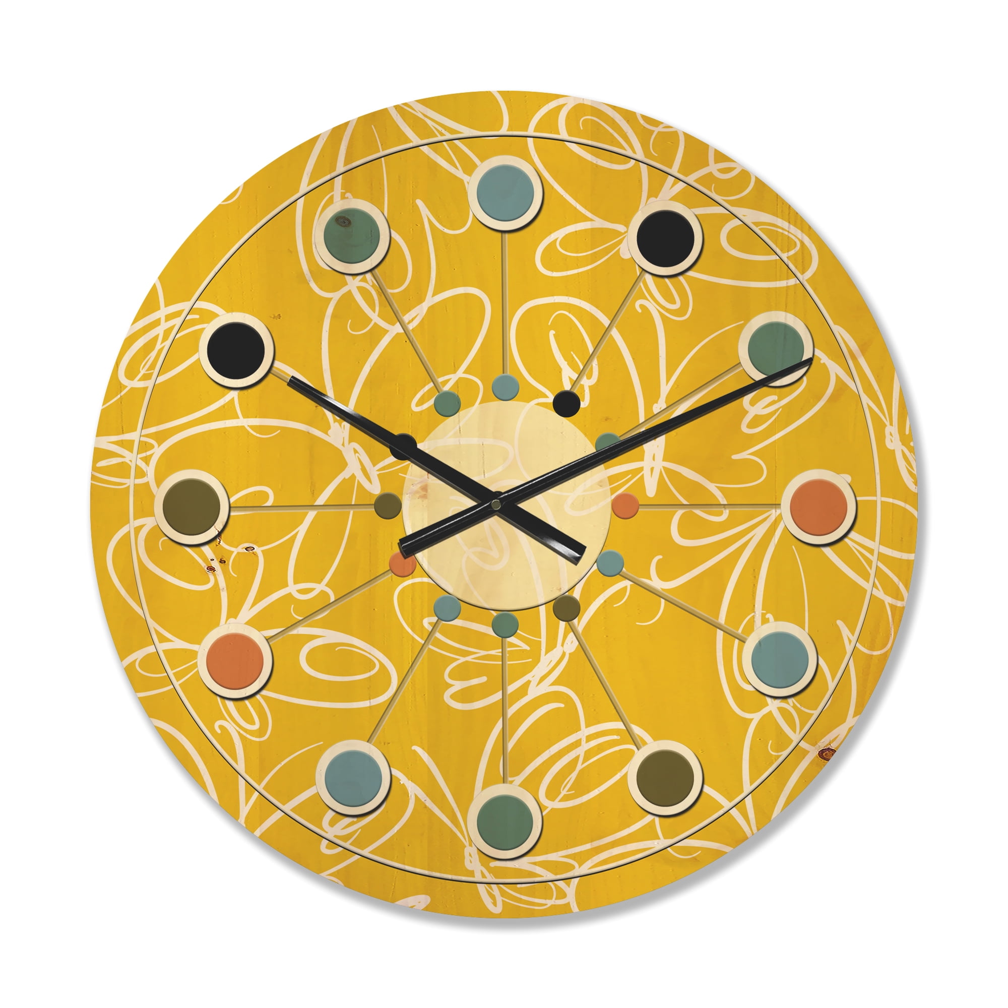 Designart 'Butterflies Yellow color Retro Pattern' Mid-Century Modern Wood Wall Clock