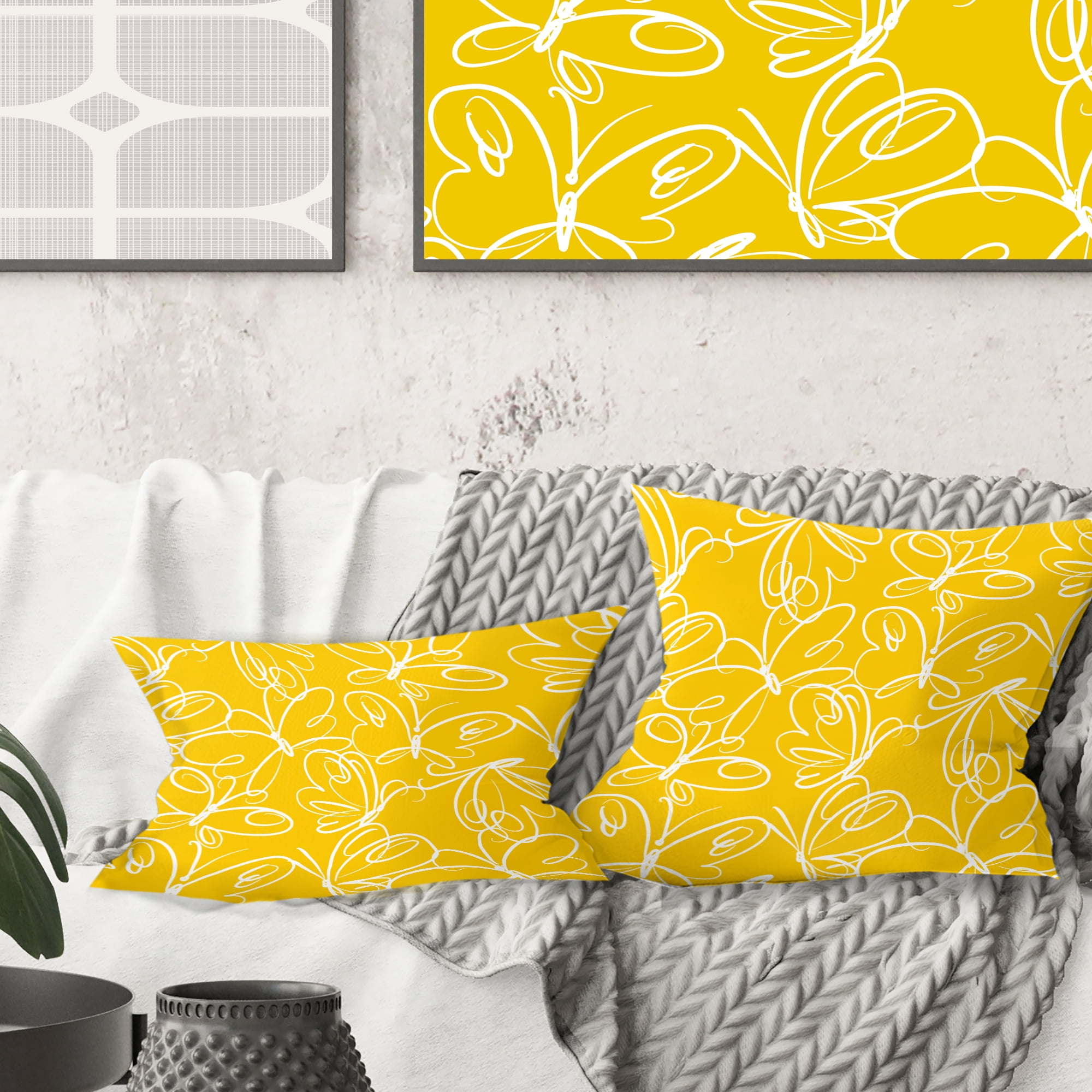 Designart Butterflies hand drawn color pattern' Mid-Century Modern Throw Pillow - 16x16