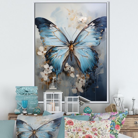 Designart "Butterfly Azure Abstract Grace" Animals Butterfly Floater Framed Canvas Wall Art