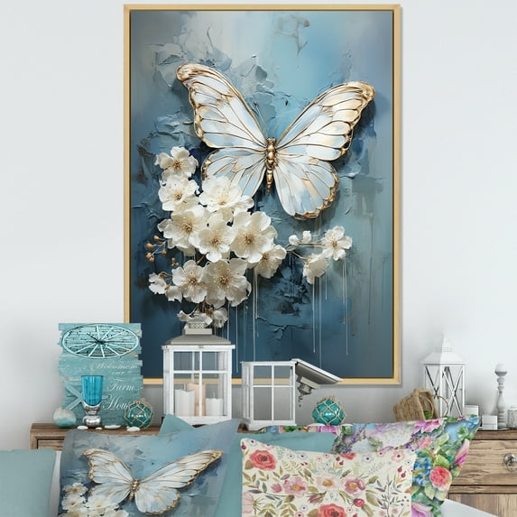 Designart "Butterfly Azure Abstract Grace I" Animals Butterfly Floater Framed Canvas Prints