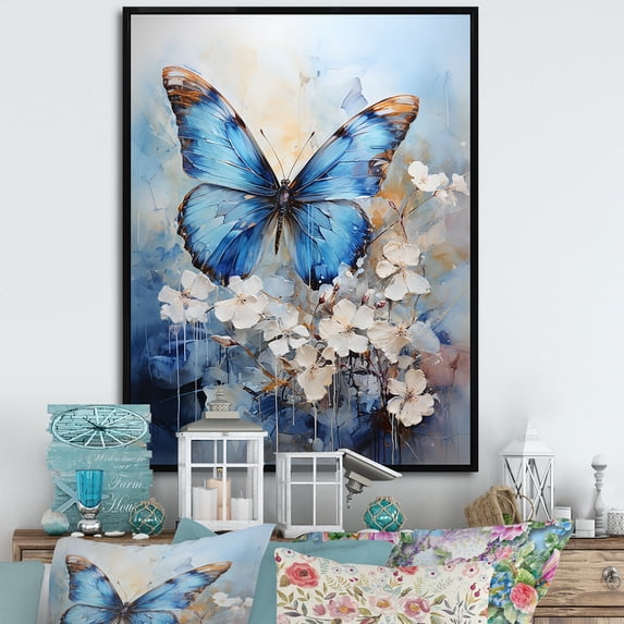 Designart "Butterfly Azure Abstract Grace II" Animals Butterfly Floater Framed Wall Decor
