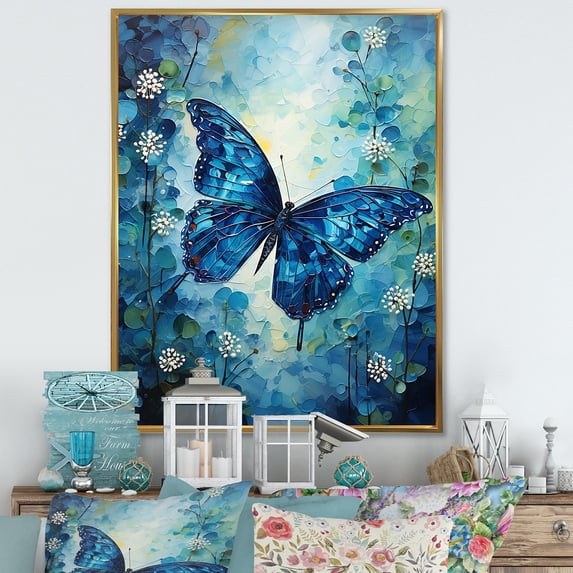 Designart "Butterfly Azure Flitter" Animals Butterfly Floater Framed Canvas Wall Art