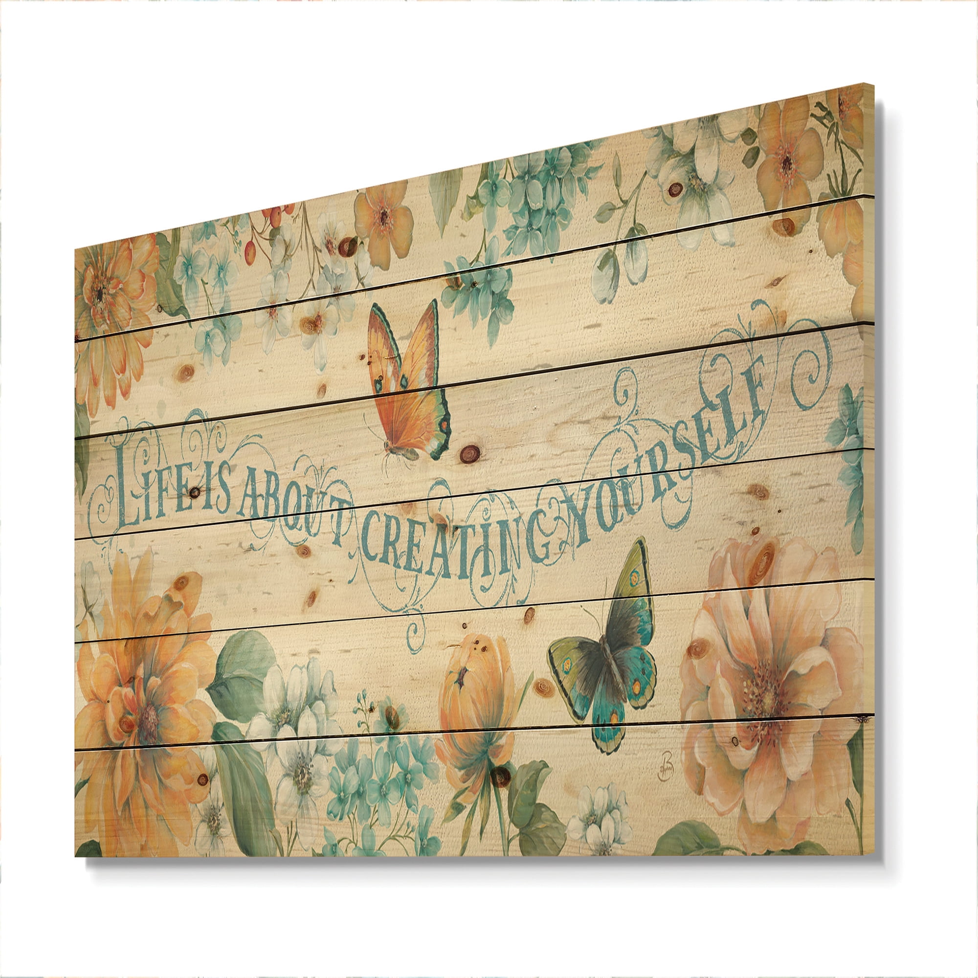 Designart 'Butterfly Bloom Motivational Quote' Farmhouse Print on Natural Pine Wood