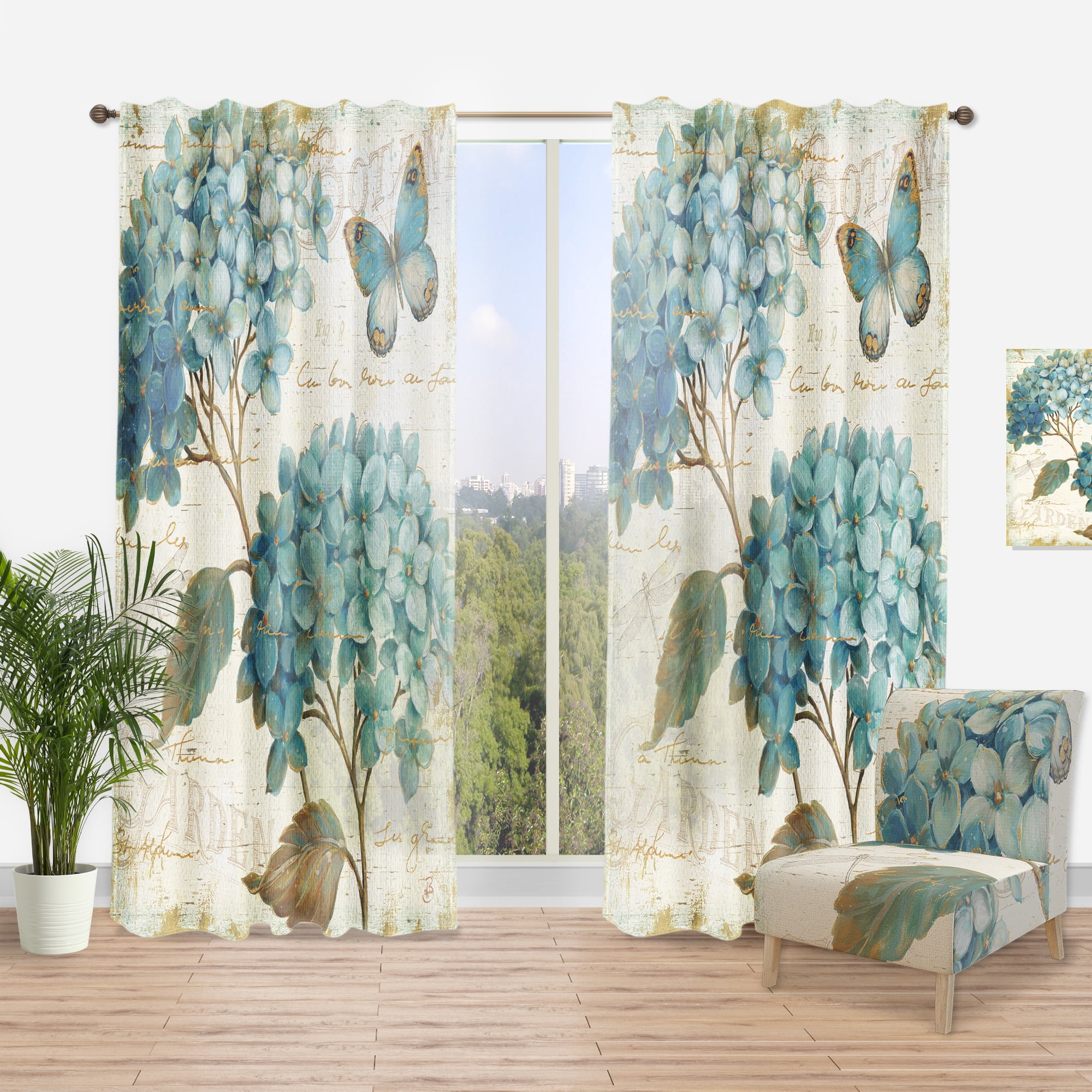 Designart 'Butterfly Blue Flower Garden I' Farmhouse Curtain Panel