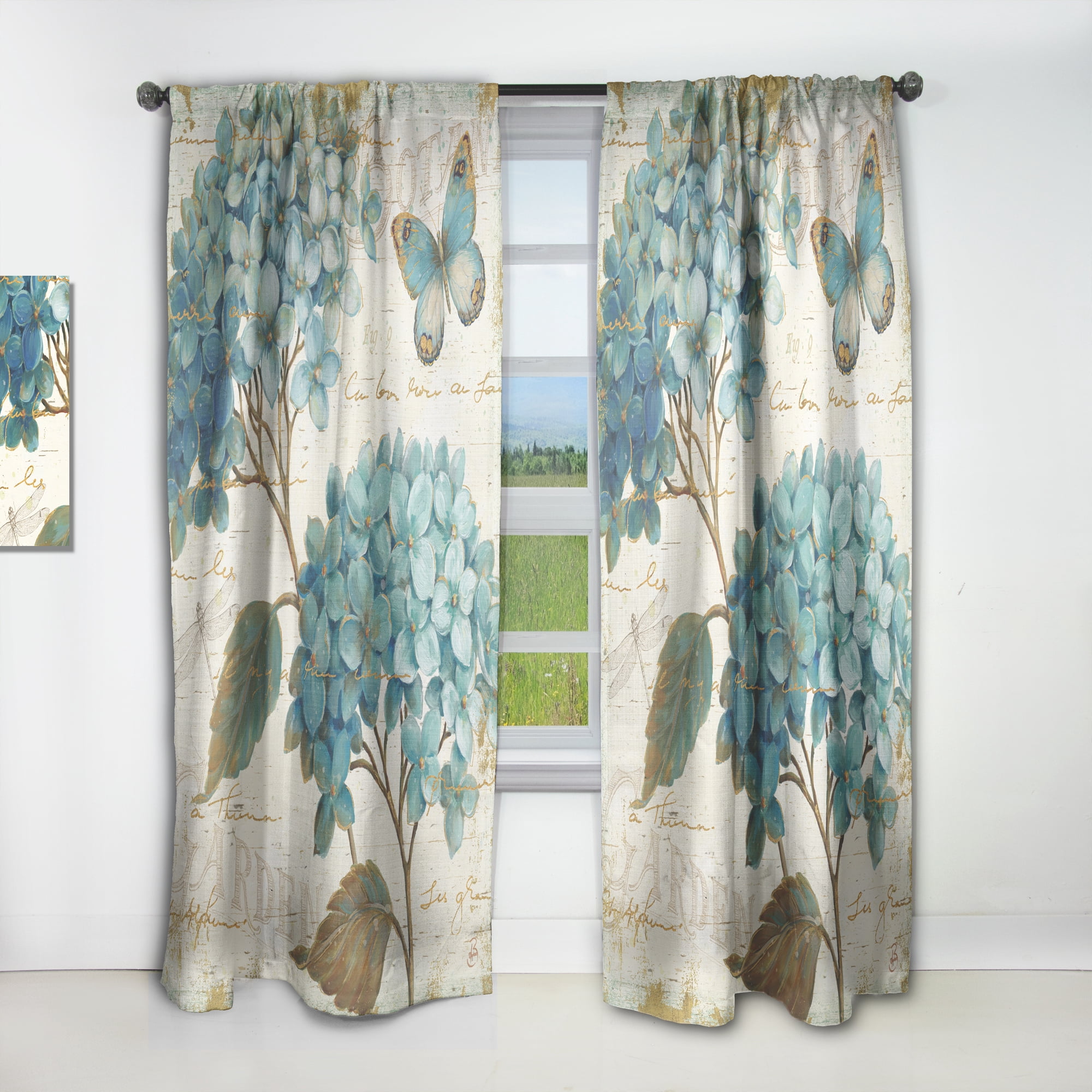 Designart 'Butterfly Blue Flower Garden I' Farmhouse Curtain Panel