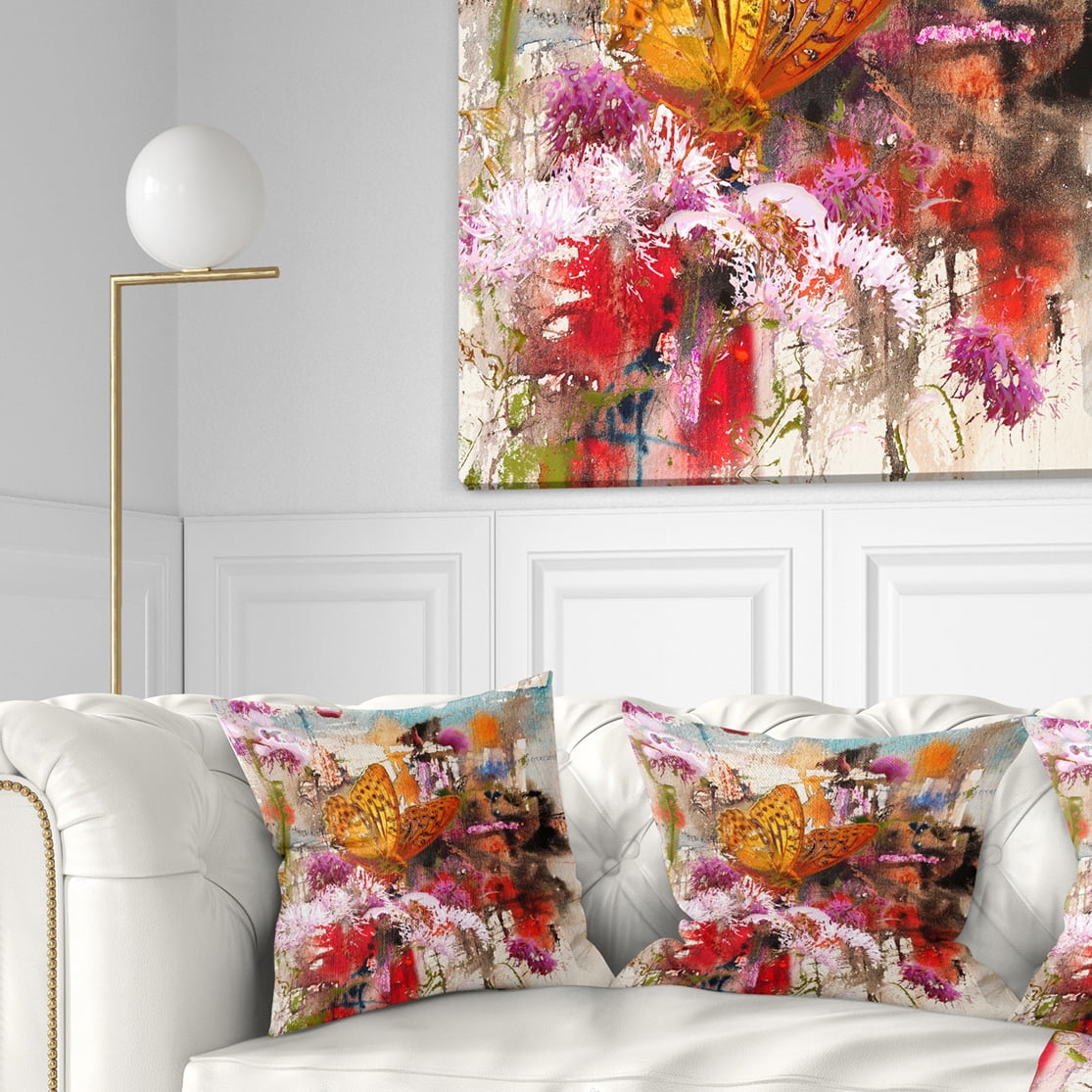 Designart Butterfly Drinking Honey - Floral Throw Pillow - 18x18