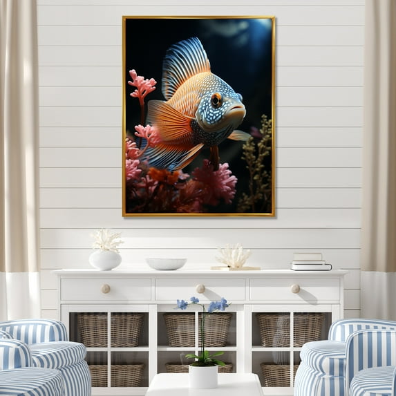Designart "Butterfly Fish Expedition in Coral" Animals Framed Wall Art - Modern Blue Butterfly Fish Hallway Framed Wall Art Decor