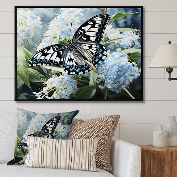 Designart "Butterfly Haven Blue Black I" Animals Floater Framed Canvas Print