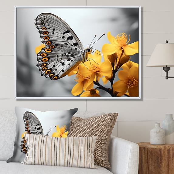 Designart "Butterfly Haven Yellow Grey II" Animals Floater Framed Canvas Print