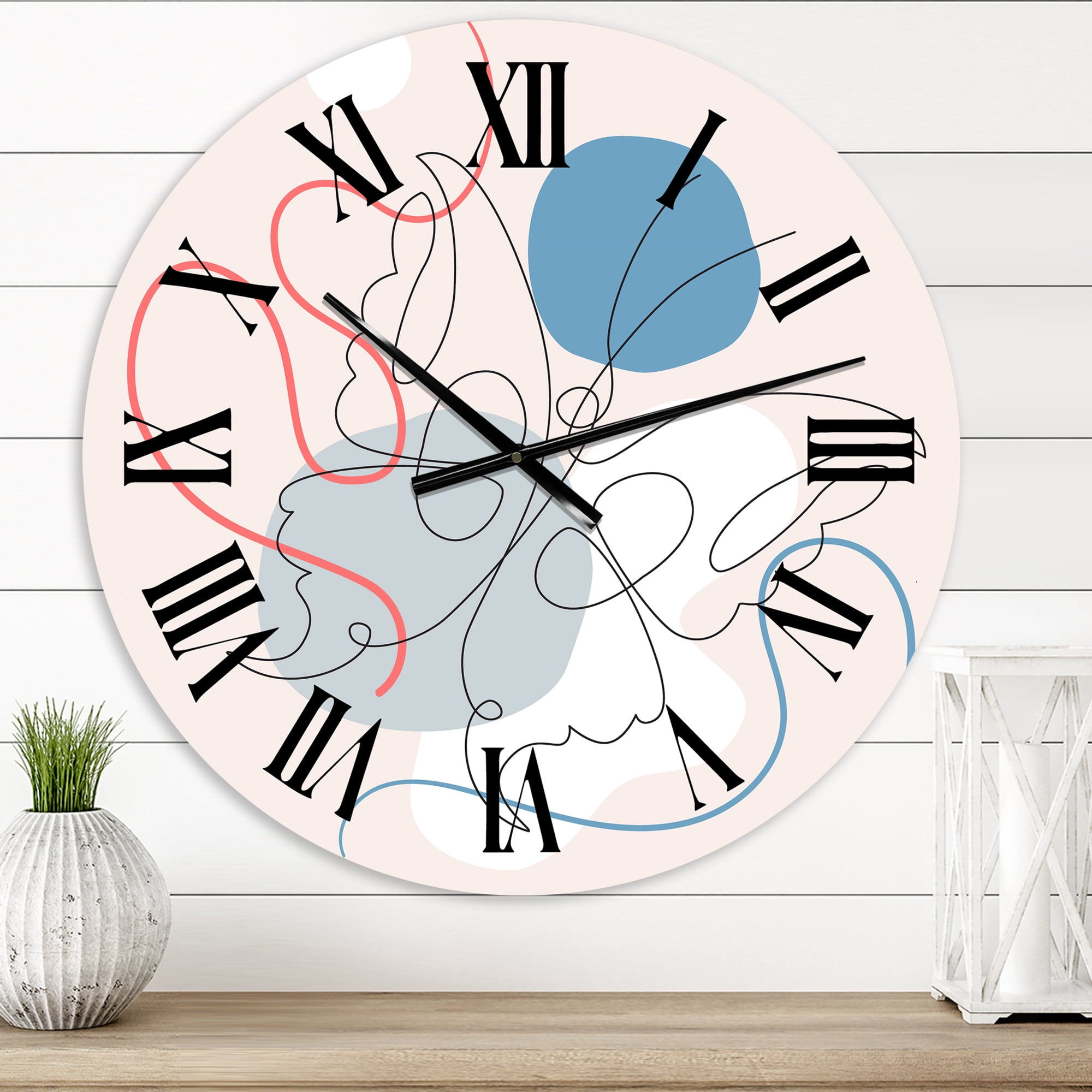 Designart 'Butterfly One Line Drawing On Cubism Shapes I' Modern Wall Clock