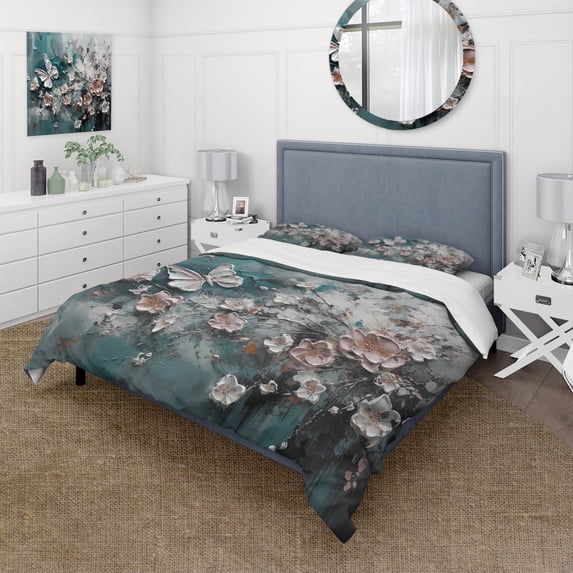 Designart "Butterfly-Painted Flowers I" Floral Bedding Covert Set - Traditional Pink Bed Set With 2 Shams