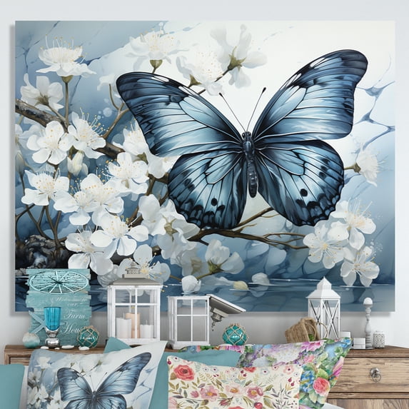 Designart "Butterfly Reflection Blue White" Animals Wall Decor