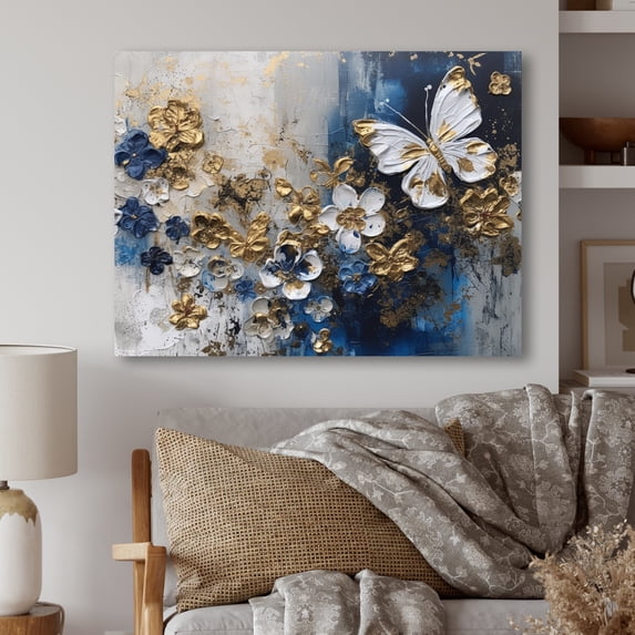 Designart "Butterfly Wings And Flowers Golden Blue I" Floral Metal Wall Art Prints