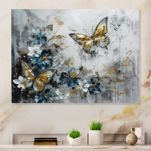 Designart "Butterfly Wings And Flowers Golden Blue III" Floral Metal Art Print