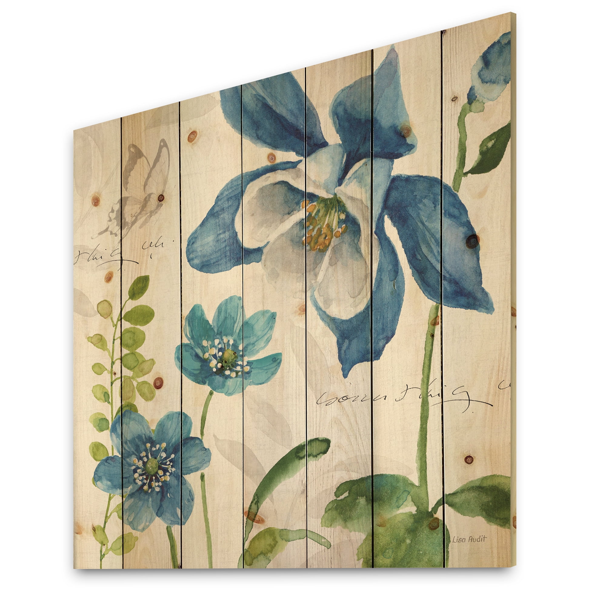 Designart 'Butterfly With Blue Columbine Flowers' Cabin & Lodge Print on Natural Pine Wood