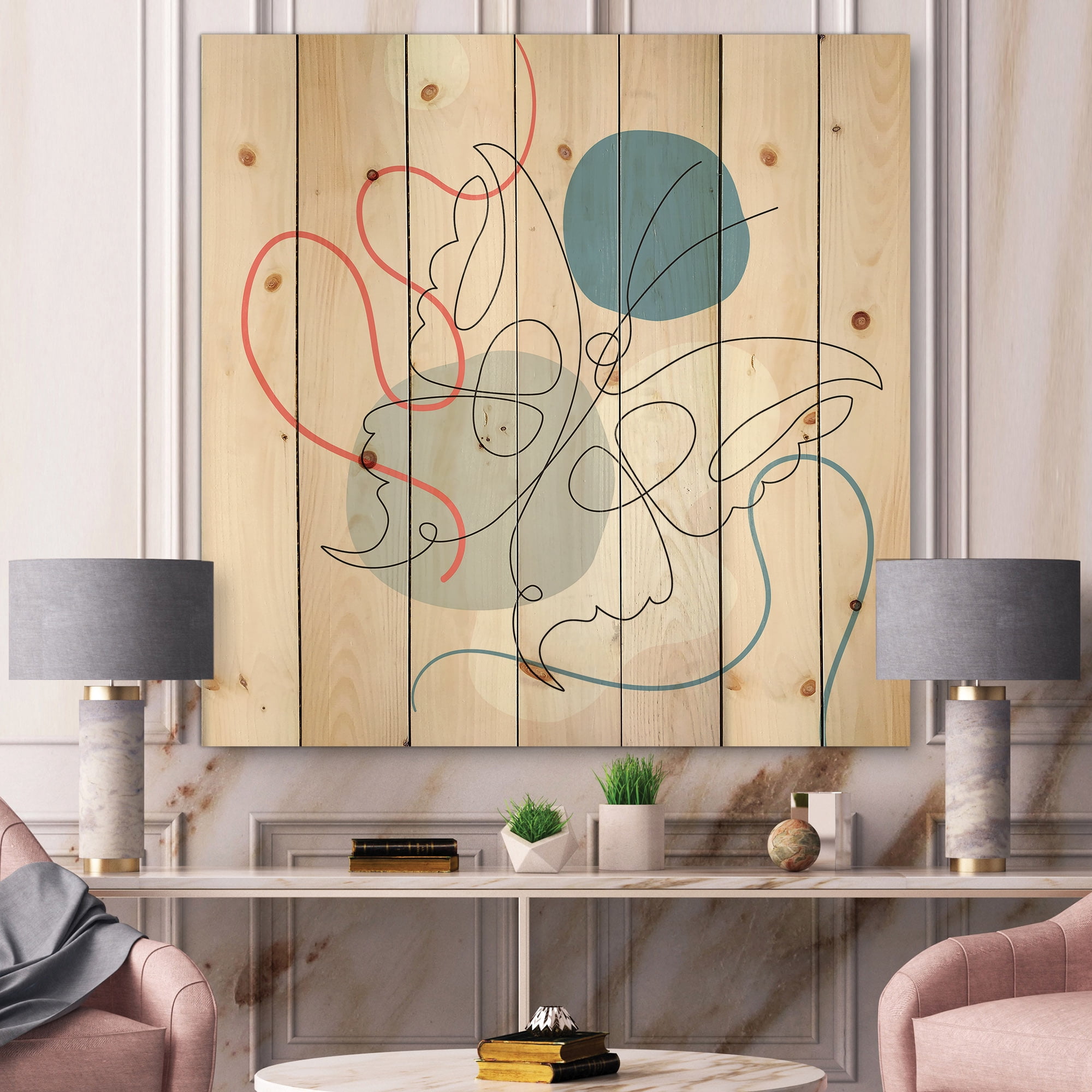 Designart 'Butterfly With One Line Drawing On Cubism Shapes I' Modern Print on Natural Pine Wood