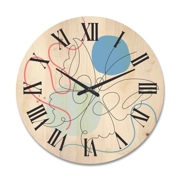 Designart 'Butterfly With One Line Drawing On Cubism Shapes I' Modern Wood Wall Clock